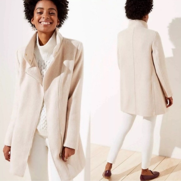 Loft Herringbone Cream Moto Pea Wool Winter Coat size Medium. Good condition - Picture 2 of 14